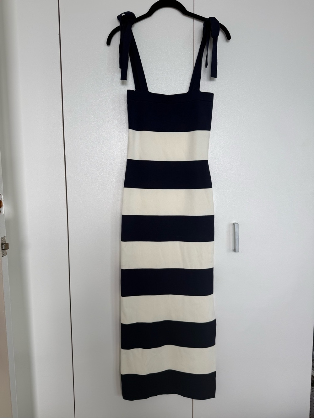 navy & white striped knit midi dress